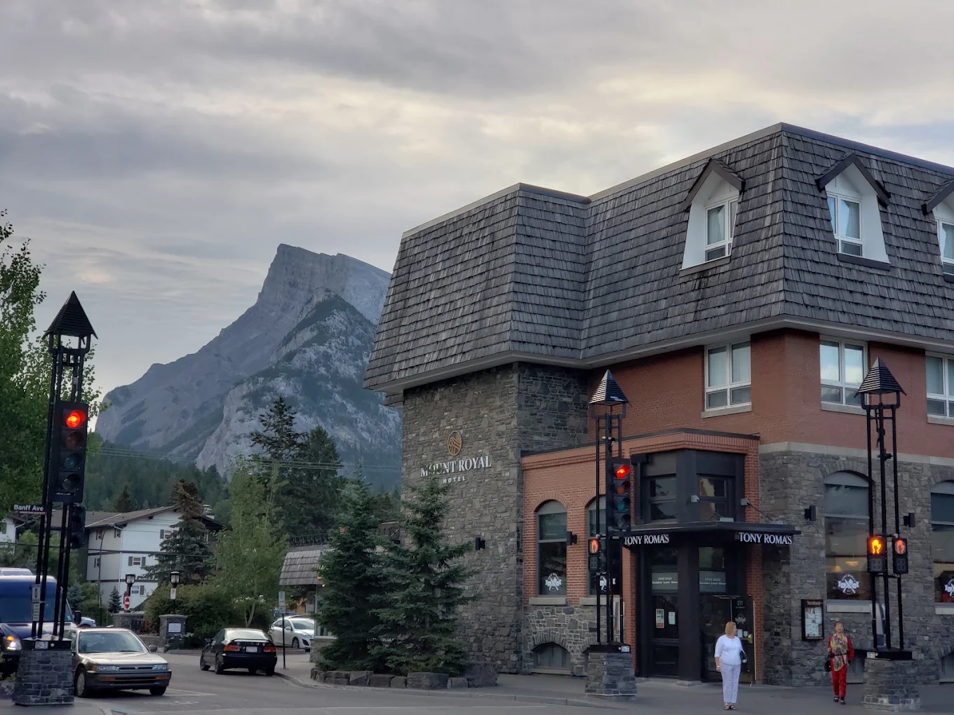 Mount Royal Hotel and Cascade Mountain at dusk, downtown Banff